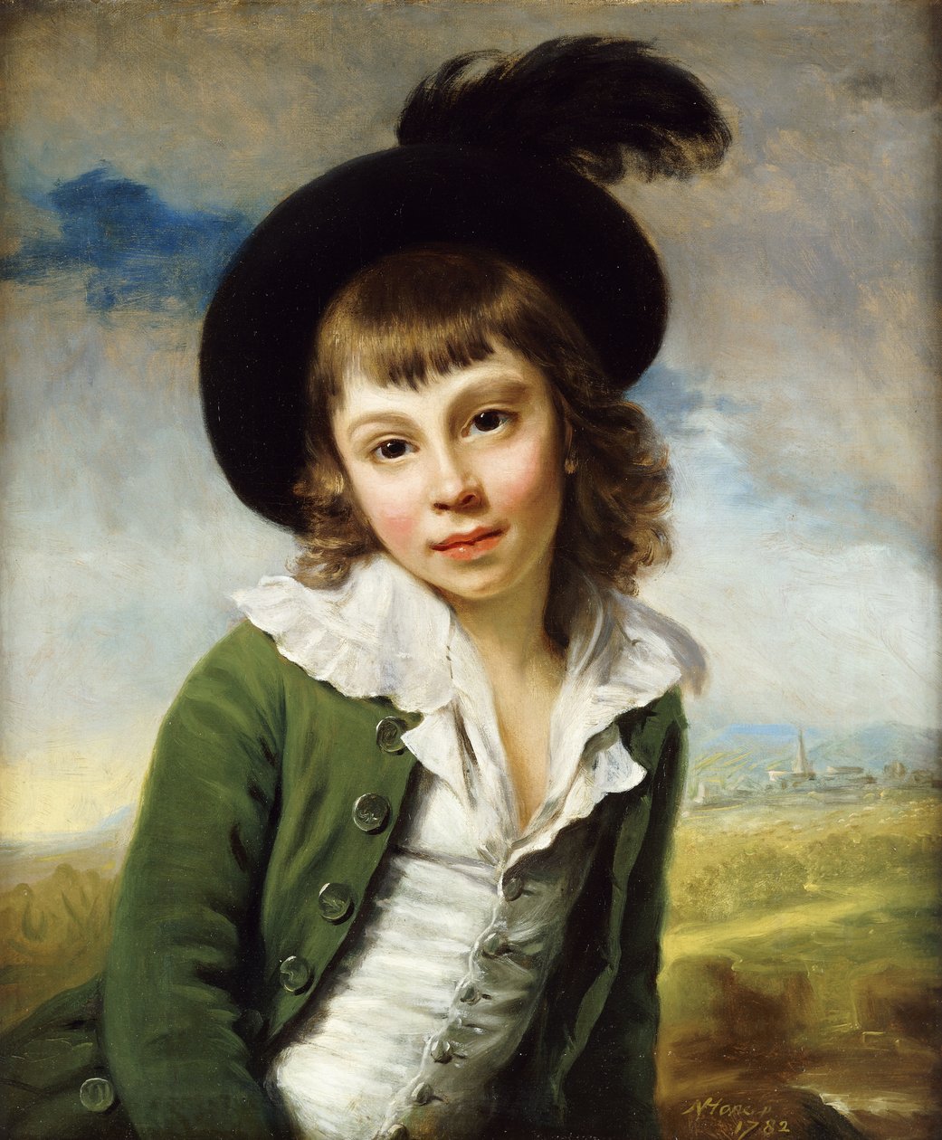 "Den grønne dreng": Et portræt af en dreng i halv længde, i en grøn frakke og sort hat med en fjerfane, 1782 af Nathaniel Hone