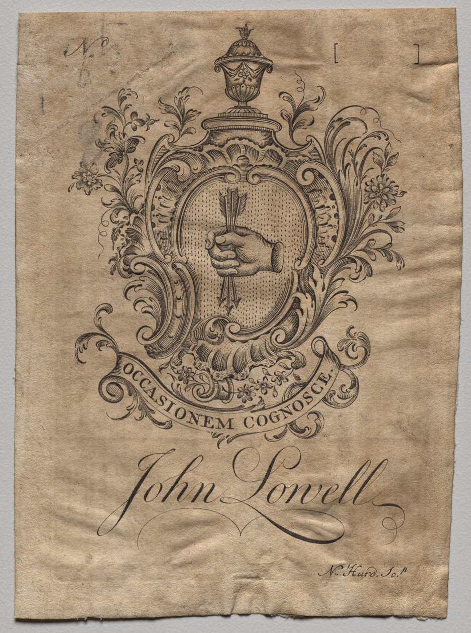 Bogplade: Våbenskjold med John Lowell indskrevet af Nathaniel Hurd