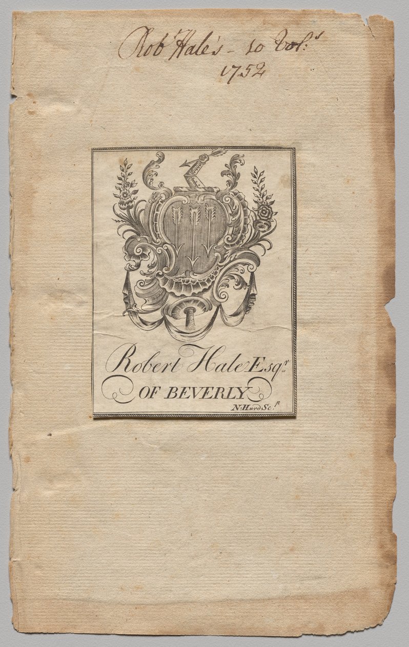 Bogplade: Våbenskjold med Robert Hale, Esq. indskrevet af Nathaniel Hurd