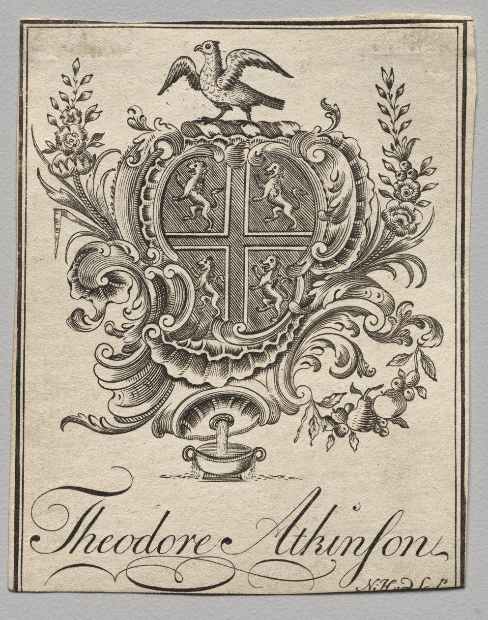 Bogplade: Våbenskjold med Theodore Atkinson indskrevet af Nathaniel Hurd