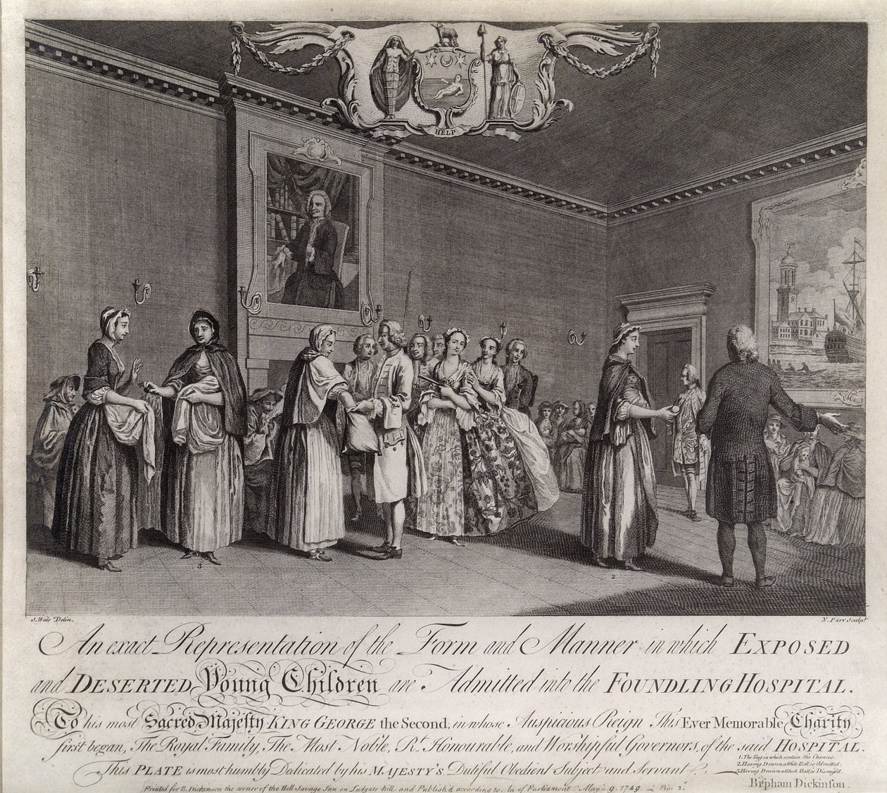 En nøjagtig fremstilling af den form og måde, hvorpå udsatte og forladte små børn bliver indlagt på Foundling Hospital, 1749 af Nathaniel Parr