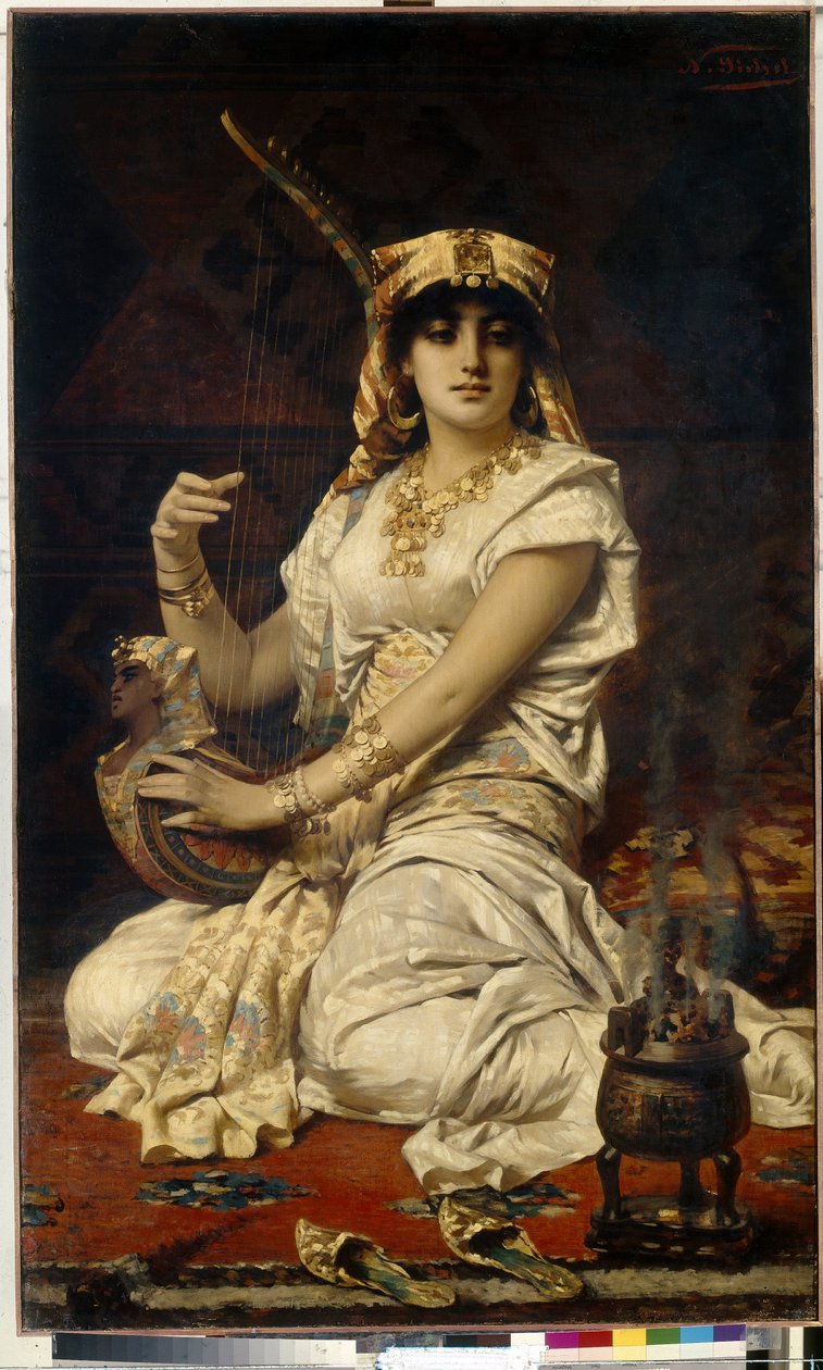 Almee (Almee). Portræt af en smuk, lærd og uddannet kvinde, der spiller musik, klædt i et egyptisk kostume. Maleri af Nathaniel Sichel (1843-1907), olie på lærred af Nathaniel Sichel