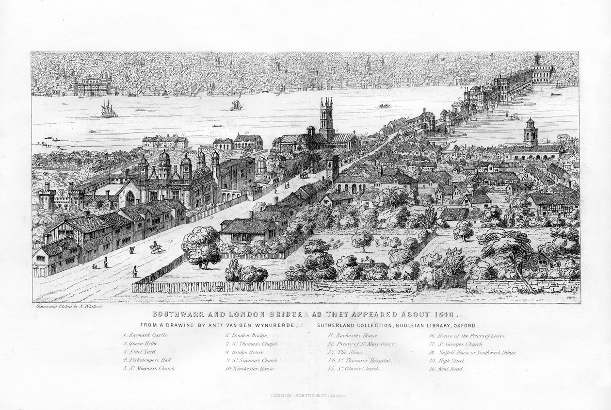 Southwark og London Bridge, som de så ud omkring 1546, c1860. af Nathaniel Whittock