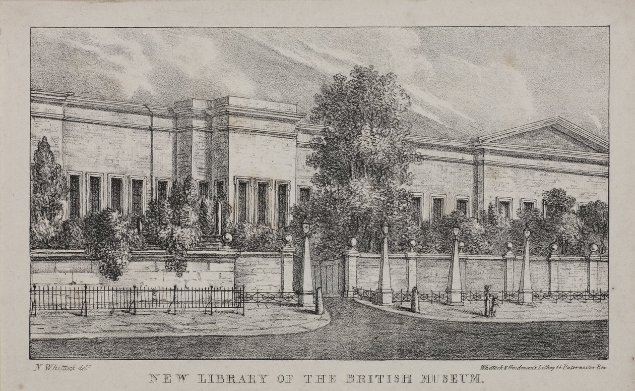 Udsigt over det nye bibliotek på British Museum, ca. 1830 (litho) af Nathaniel Whittock