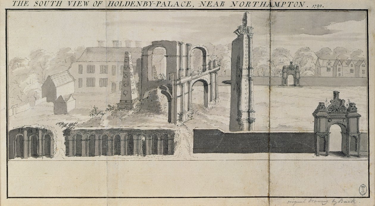 Holdenby House og ruinerne set fra syd, som det sås i 1729 af Nathaniel and Samuel Buck