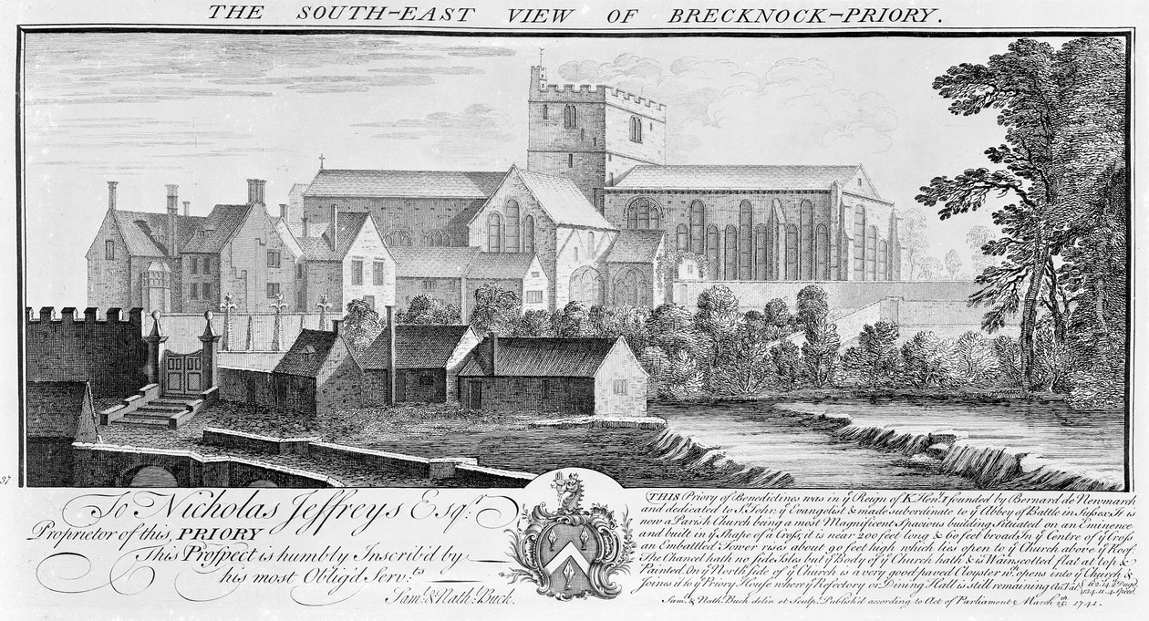 Den sydøstlige udsigt over Brecknock Priory, 1741 af Nathaniel and Samuel Buck