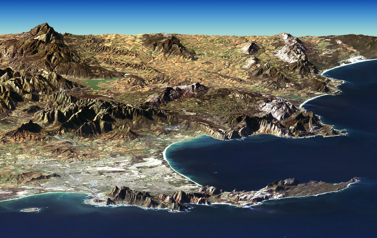 Cape Town og Cape of Good Hope, Sydafrika, i forgrunden af perspektivvisning genereret fra Landsat satellitbillede og højdedata fra Shuttle Radar Topography Mission (SRTM). Kredit NASA af National Aeronautics and Space Administration National Aeronautics and Space Administration