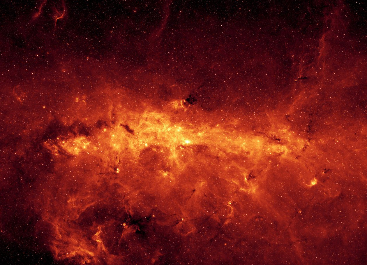 Centrum af Mælkevejsgalaksen set af Spitzer Space Telescope. Infrarødt billede af det galaktiske centrum og støvede skyer, oplyst af unge massive stjerner. Kredit NASA. Videnskab Astronomi Rum af National Aeronautics and Space Administration National Aeronautics and Space Administration