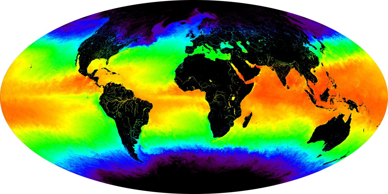 Kreditbillede høflighed: MODIS Ocean Group, NASA GSFC og University of Miami: havoverfladetemperatur vist i falske farver. en måneds komposit for maj 2001. Rød og gul indikerer varm af National Aeronautics and Space Administration National Aeronautics and Space Administration