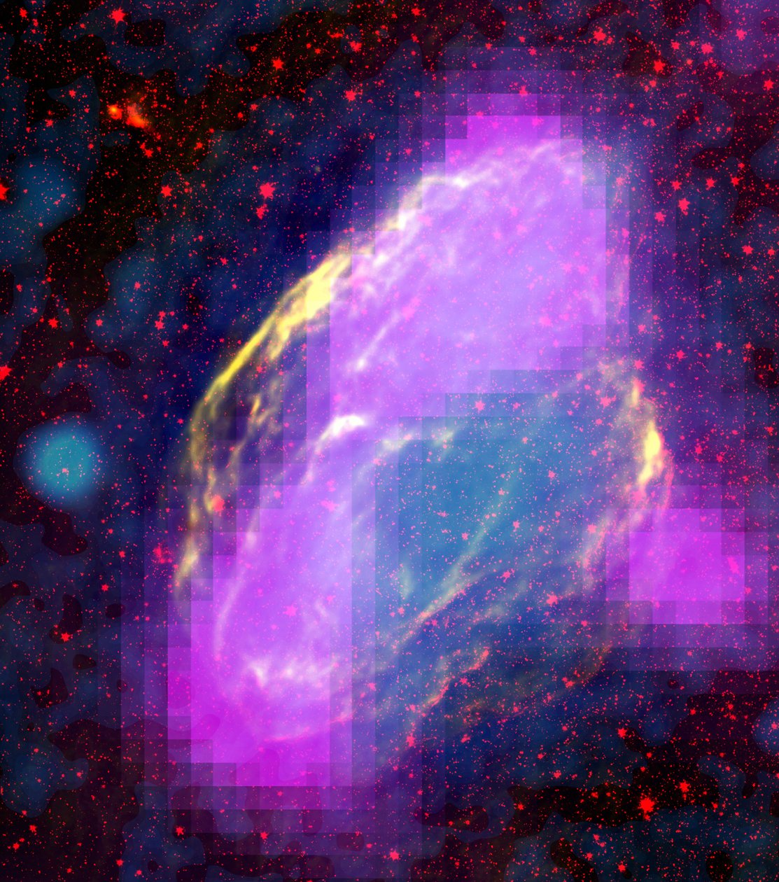 GeV-gamma-ray emission regioner (magenta) i W44 supernova rest. Funktioner er tydeligt tilpasset filamenter i andre bølgelængder. Sammensat, sammensmeltende røntgenstråler (blå) ROSAT-mission, infrarød (rød) NASA. Scie af National Aeronautics and Space Administration National Aeronautics and Space Administration