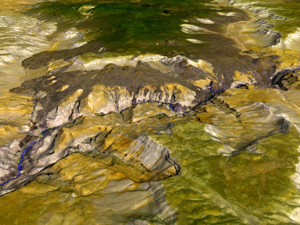 Satellit termisk emission og refleksion billede af Grand Canyon, Arizona, USA. Fordi forskellige mineraler reflekterer forskellige dele af lysspektret, er varierende mineralsammensætning synlig. af National Aeronautics and Space Administration National Aeronautics and Space Administration