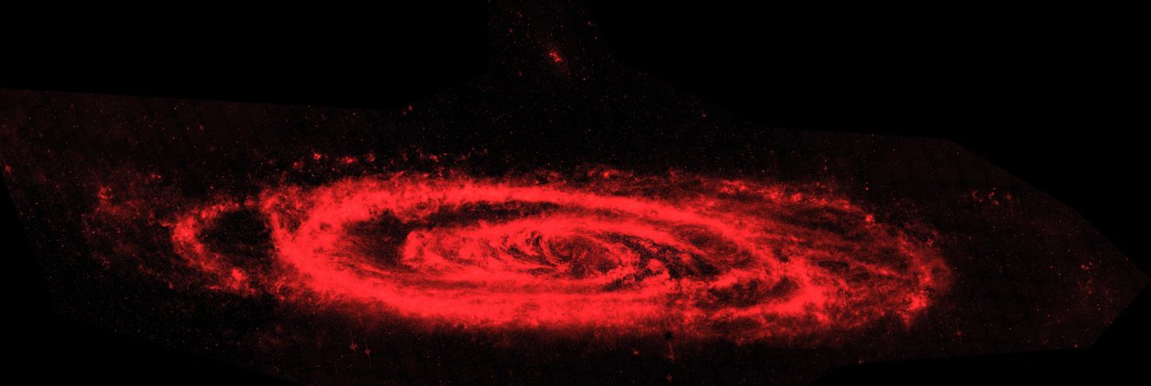 Spitzer Space Telescope infrarøde sammensatte billeder, hvordan Andromeda-galaksen. Hovedbilledet fremhæver kontrasten mellem galaksens hakkende støvbølger (rødt) og det glatte hav af ældre stjerner. Kredit NASA af National Aeronautics and Space Administration National Aeronautics and Space Administration
