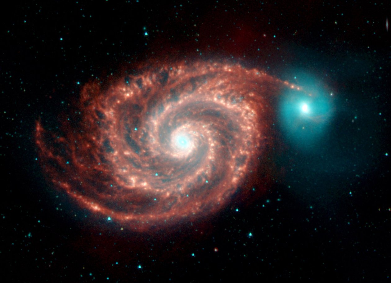 Spitzer Space Telescope infrarødt billede af Whirlpool Galaxy. Mærkelige strukturer bygger bro mellem støvrige spiralarme og viser støv-, gas- og stjernepopulationerne i den lyse spiralgalakse. Cr af National Aeronautics and Space Administration National Aeronautics and Space Administration