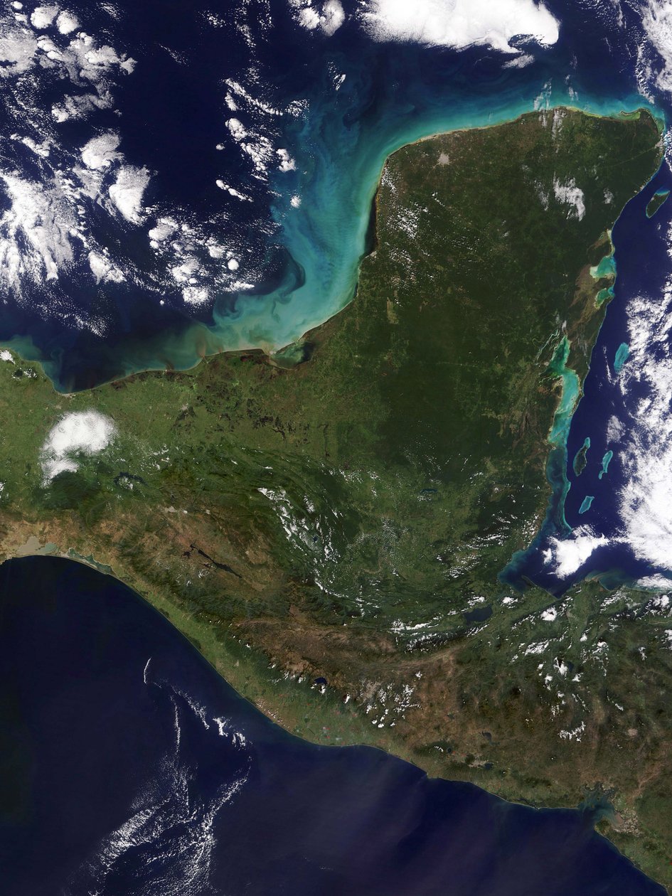 Yucatan-halvøen, det sydøstlige Mexico, adskiller den Mexicanske Golf fra Det Caribiske Hav fotograferet af satellit. Kredit NASA. Videnskab Jord Geologi Oceanografi af National Aeronautics and Space Administration National Aeronautics and Space Administration