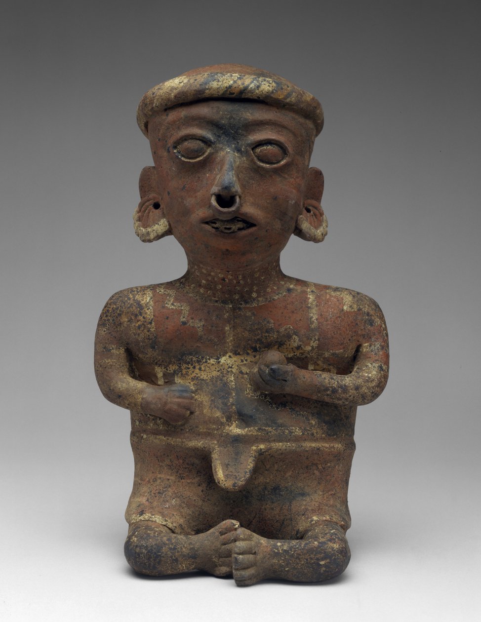 Mandsfigur, del af siddende par, 300 BC-AD 300 (lertøj med slip) af Nayarit Nayarit
