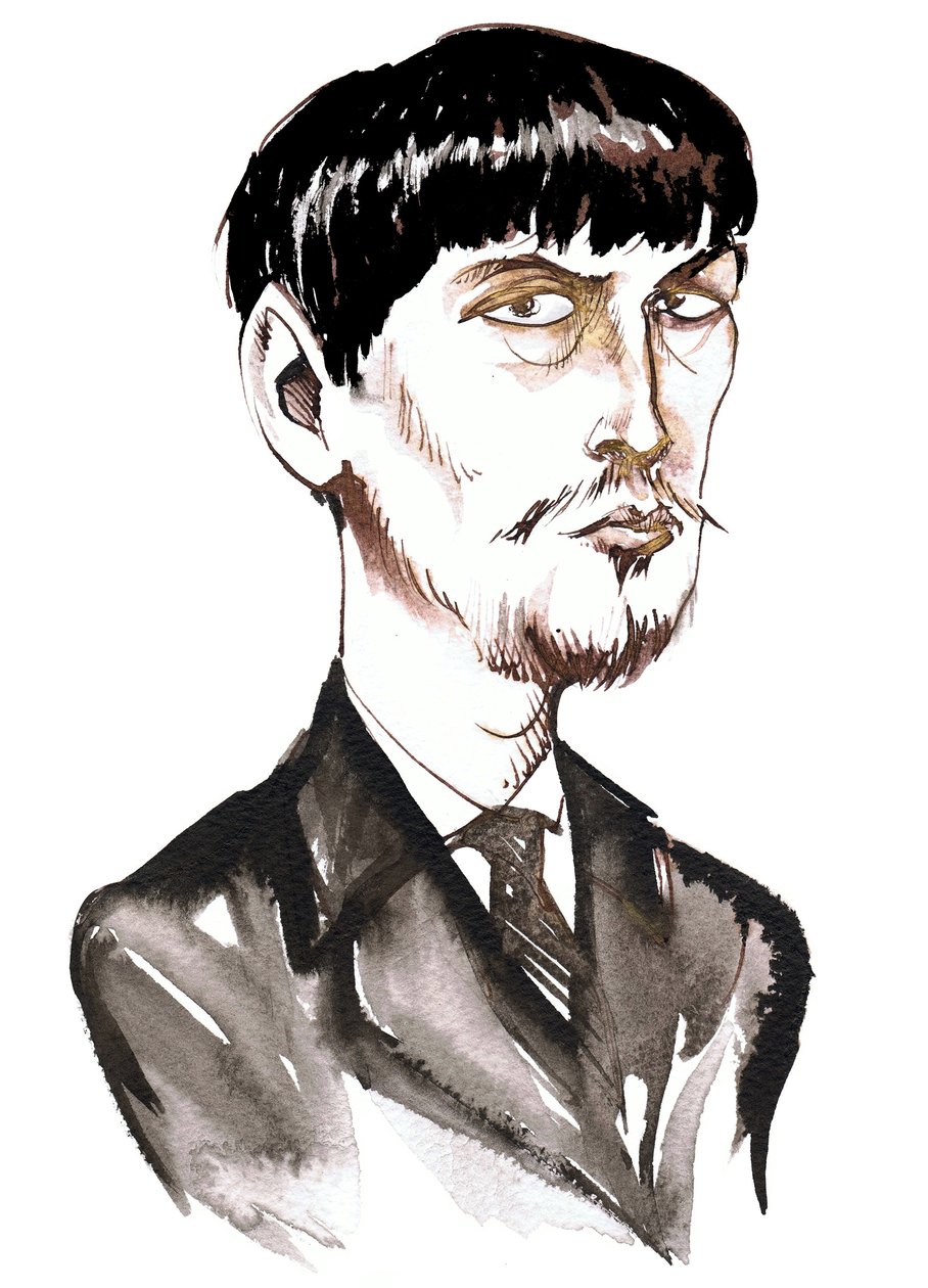 Achille-Claude Debussy, fransk komponist (1862-1918), blækkarikatur som ung mand af Neale Osborne