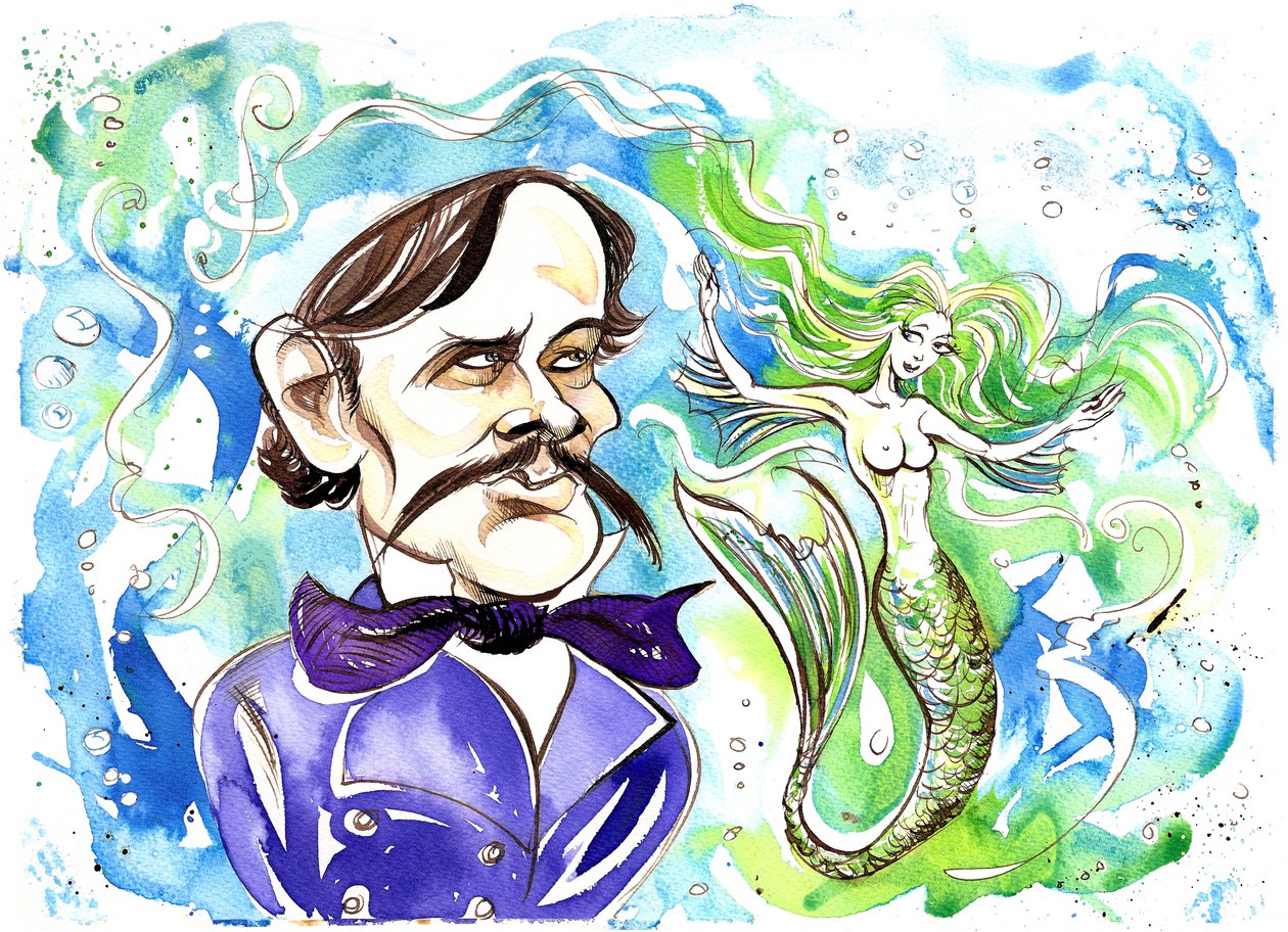 Alexander Dargomyzhsky - karikatur af russisk komponist med illustration af operaen Rusalka (1855) af Neale Osborne