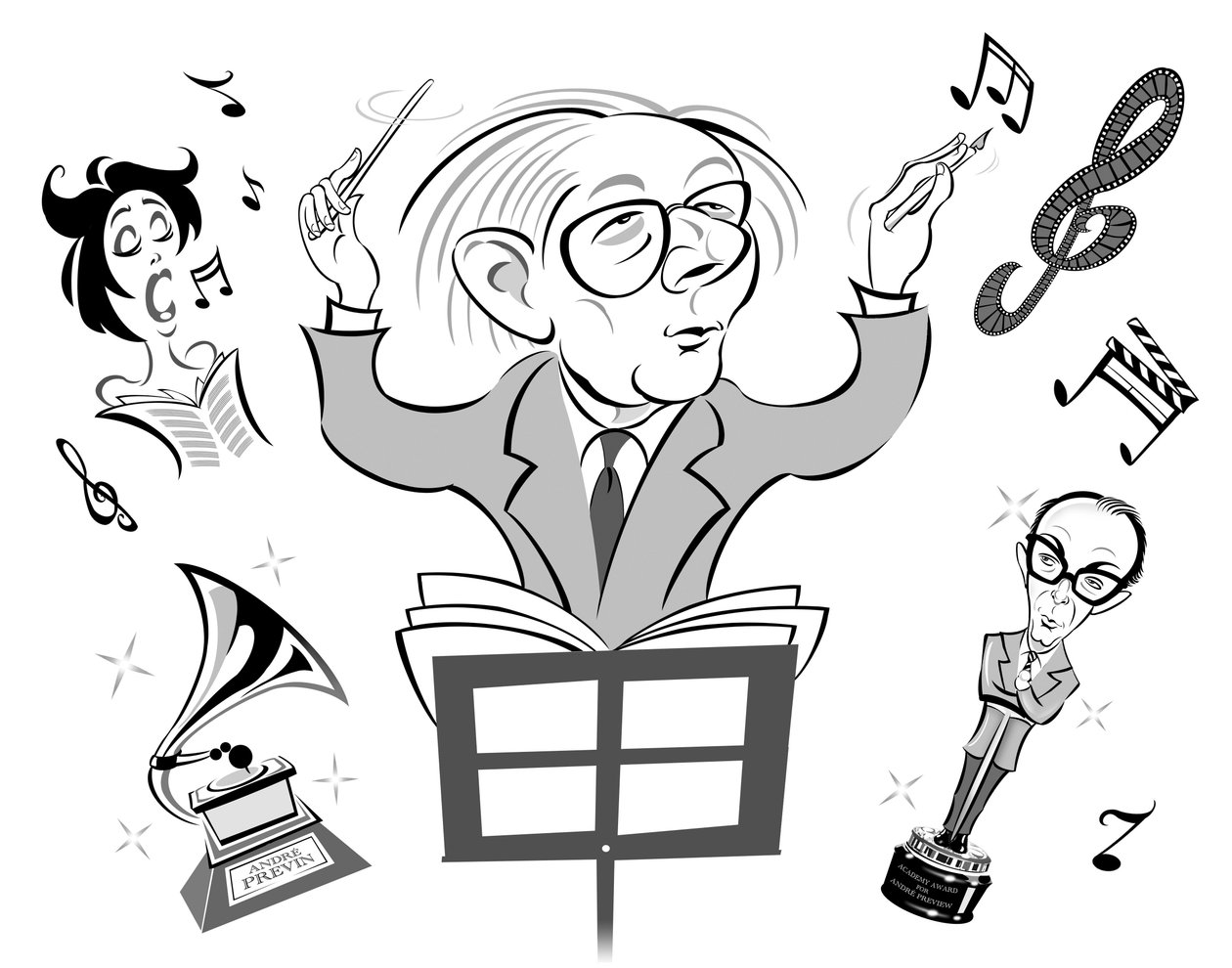 Andre Previn, tyskfødt amerikansk pianist, komponist og dirigent (født 1929); karikeret dirigering og skrivning af filmmusik; med Eric Morecambe som en Oscar med reference til Previns optræden af Neale Osborne