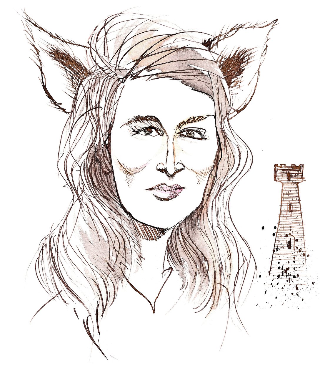 Angela Carter, engelsk forfatter og journalist; karikeret med ulveører med henvisning til hendes historie The Company of Wolves fra bogen The Bloody Chamber (1979) af Neale Osborne