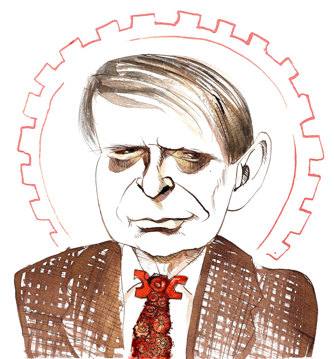 Anthony Burgess, engelsk romanforfatter, kritiker, digter, dramatiker, oversætter og komponist; karikeret med urværks orange slips, med reference til hans novelle A Clockwork Orange (1962)AB: 25. februar 1917 af Neale Osborne