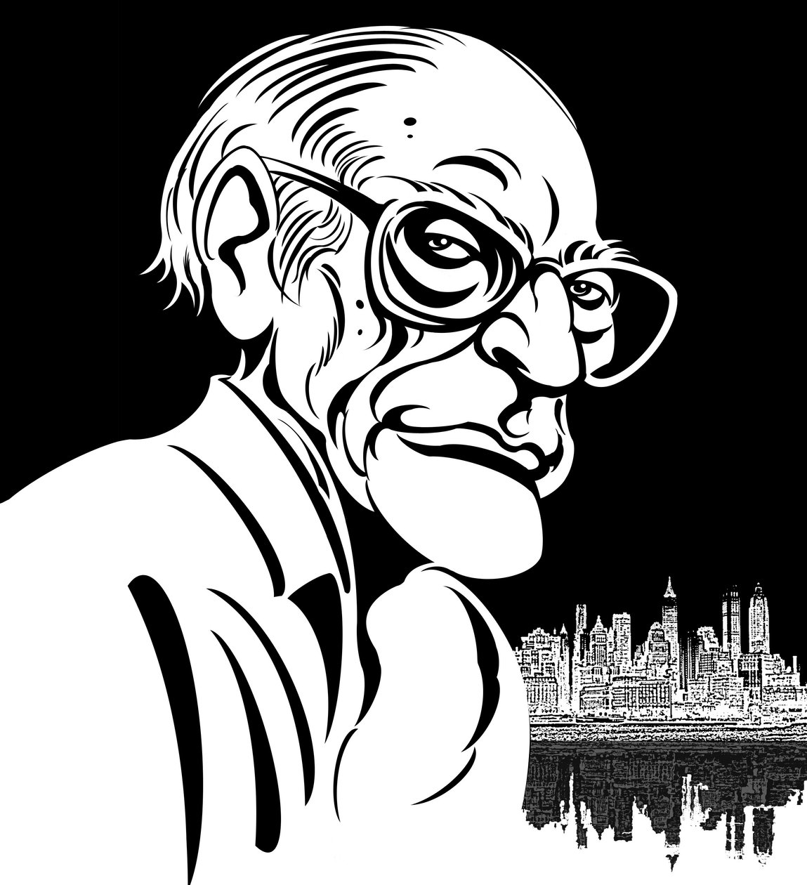 Arthur Miller, amerikansk dramatiker (1915-2005); sort-hvid karikatur af Neale Osborne