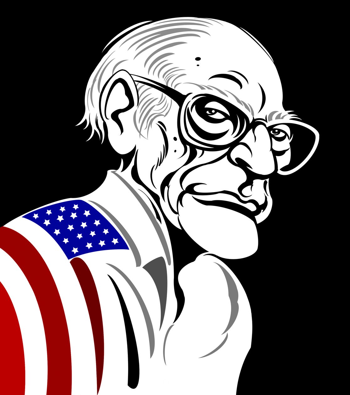 Arthur Miller, amerikansk dramatiker (1915-2005); sort-hvid - farve karikatur, draperet i amerikansk flag af Neale Osborne