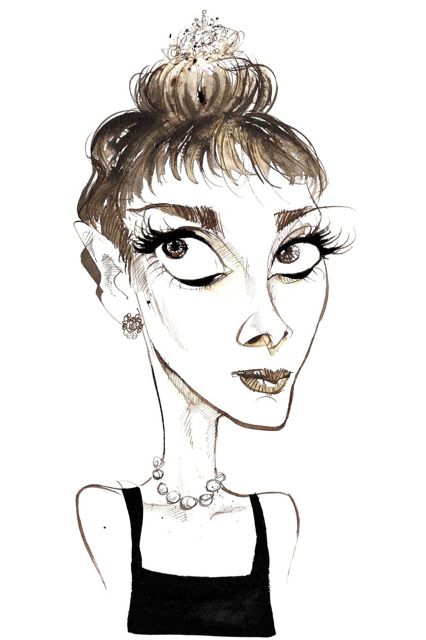 Audrey Hepburn (1929-1993) belgisk-født skuespillerinde, farvekarikatur som Holly Golightly fra filmen Breakfast at Tiffanys fra 1961 (instrueret af Blake Edwards) af Neale Osborne
