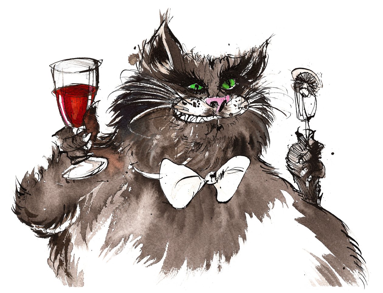 Behemoth-karakter fra Mesteren og Margarita af Mikhail Bulgakov (russisk dramatiker og forfatter, 1891-1940); blæk tegning af Neale Osborne