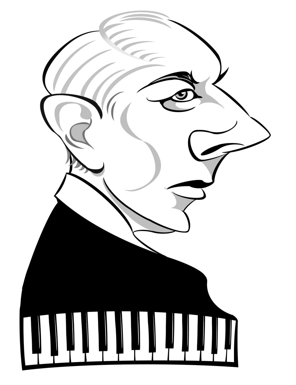 Bela Bartok - ungarsk komponist og pianist (1881-1945); sort-hvid karikatur af Neale Osborne
