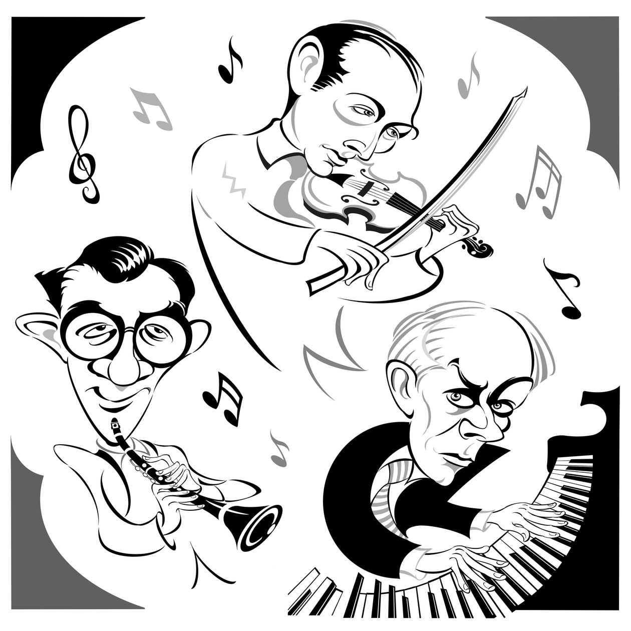 Bela Bartok ved klaveret, den amerikanske klarinettist Benny Goodman (1909-86) og den ungarske violinist Joseph Szigeti (1892-1973), den trio, der lavede den første indspilning af Contrasts i 1940 - en kammerpie af Neale Osborne