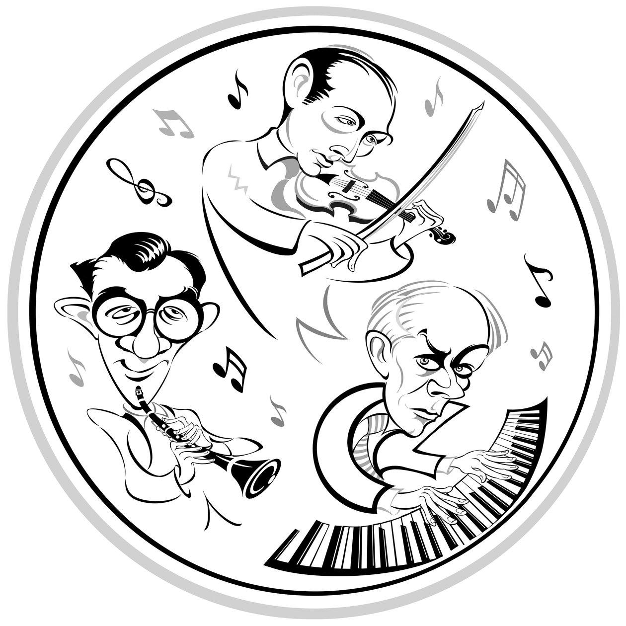 Bela Bartok ved klaveret, den amerikanske klarinettist Benny Goodman (1909-86) og den ungarske violinist Joseph Szigeti (1892-1973), den trio, der lavede den første indspilning af Contrasts i 1940 - en kammerpie af Neale Osborne