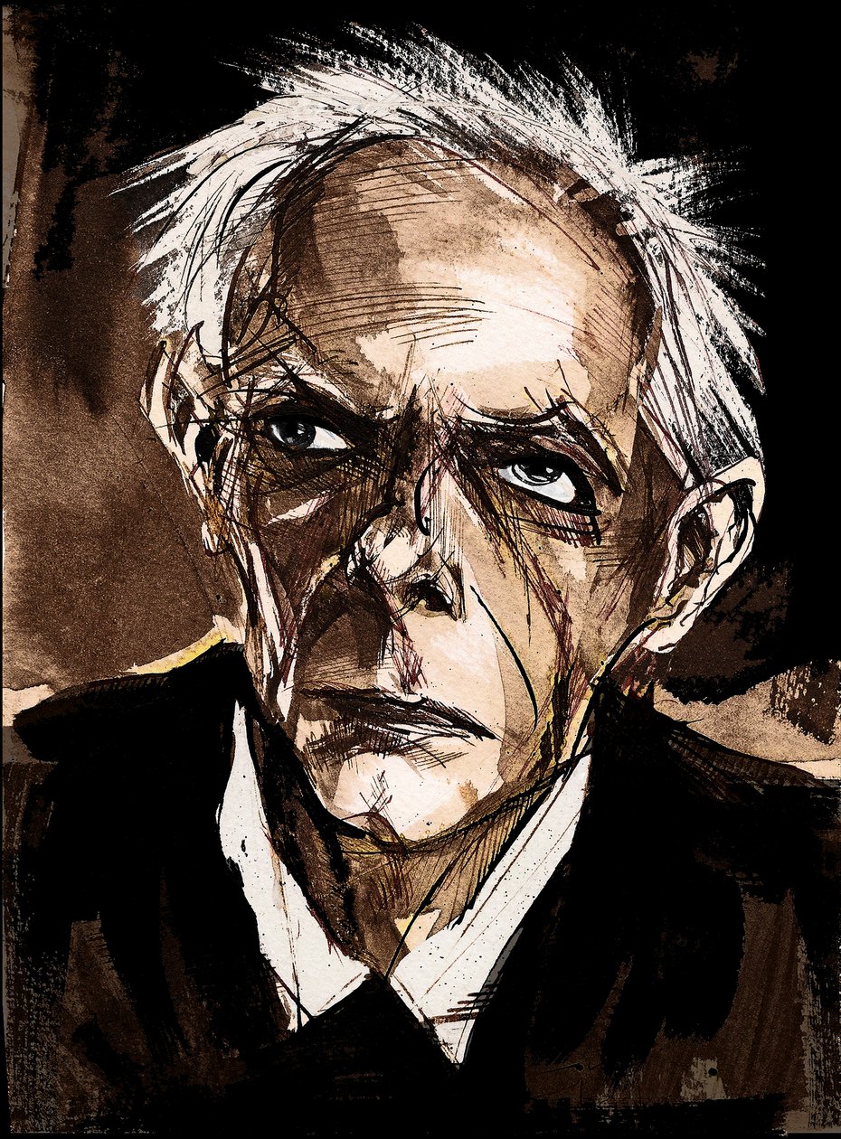 Bela Bartok af Neale Osborne, karikatur i pen og vandfarve af Neale Osborne