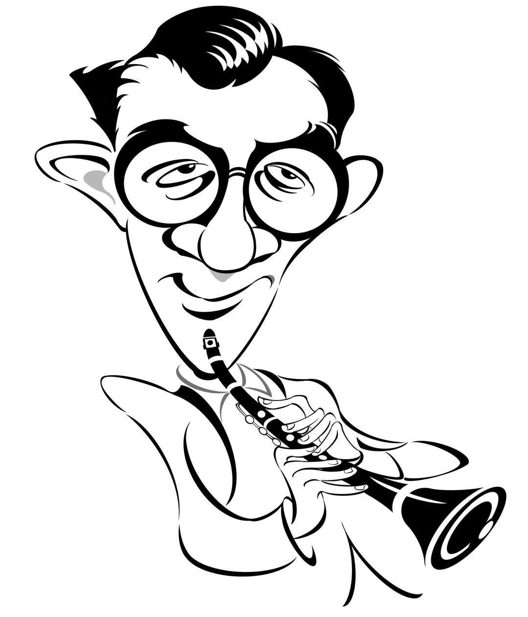 Benny Goodman - amerikansk jazz- og swingmusiker, klarinettist og bandleder, kendt som The King of Swing (1909 - 1986); karikatur af Neale Osborne