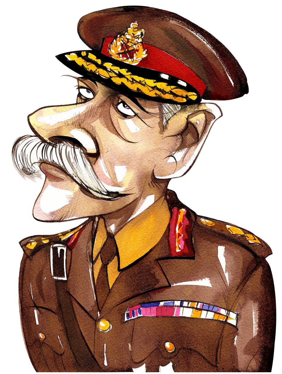 Den britiske feltmarskal, første jarl Haig af Bernersyde (1861-1928); karikatur i farver i hæruniform af Neale Osborne