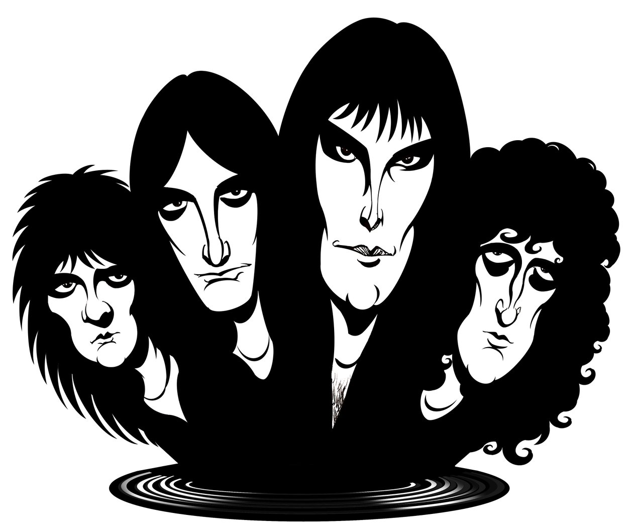Britisk rockband dannet i 1971; karikeret fra venstre mod højre: Roger Taylor (trommeslager, vokalist, 26. juli 1949 - af Neale Osborne