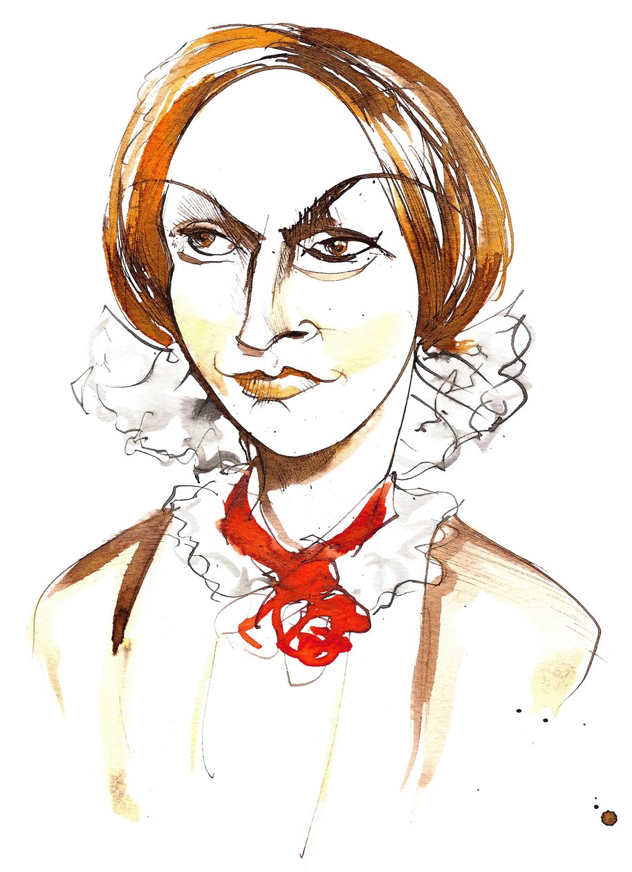 Charlotte Bronte - engelsk romanforfatter og digter (1816 - 1855); farve karikatur af Neale Osborne