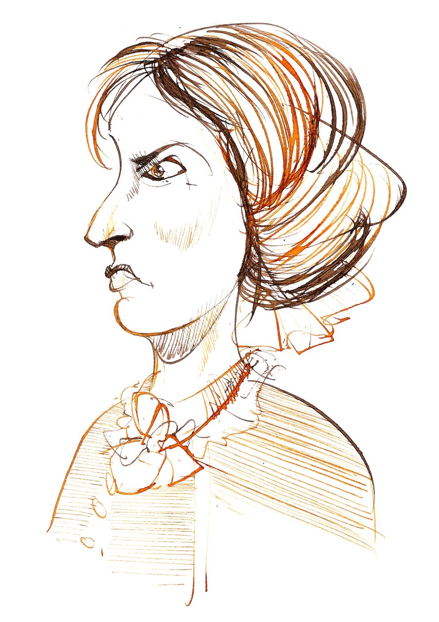 Charlotte Bronte - engelsk romanforfatter og digter (1816 - 1855); karikatur i profil af Neale Osborne