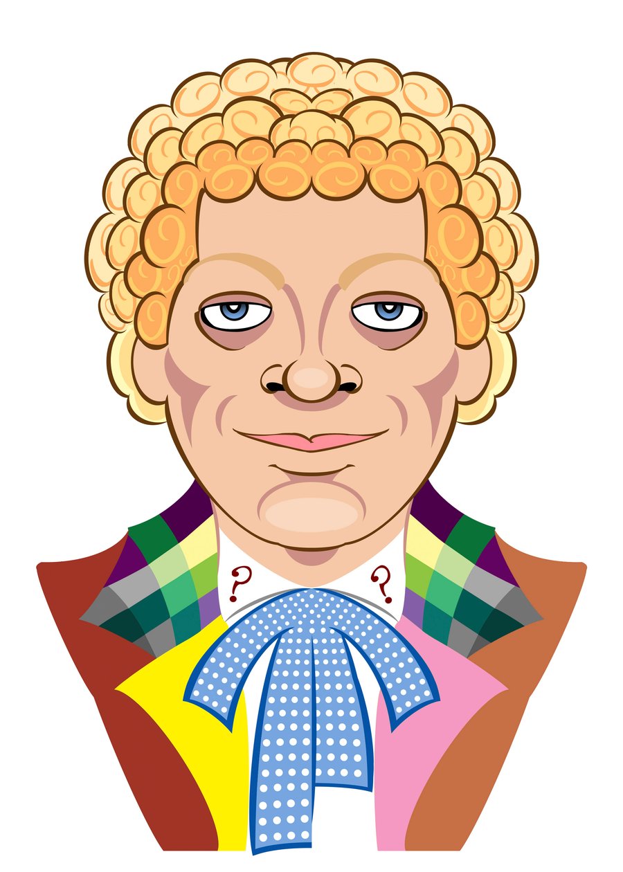 Colin Baker som Doctor Who - karikatur af Neale Osborne