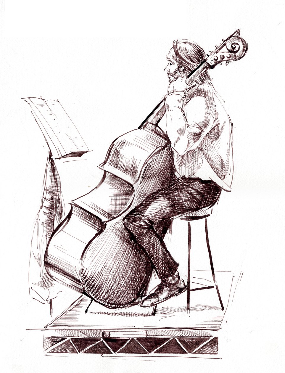 Kontrabassist - blæktegning af et medlem af City of Birmingham Symphony Orchestra (CBSO), der spiller kontrabas af Neale Osborne