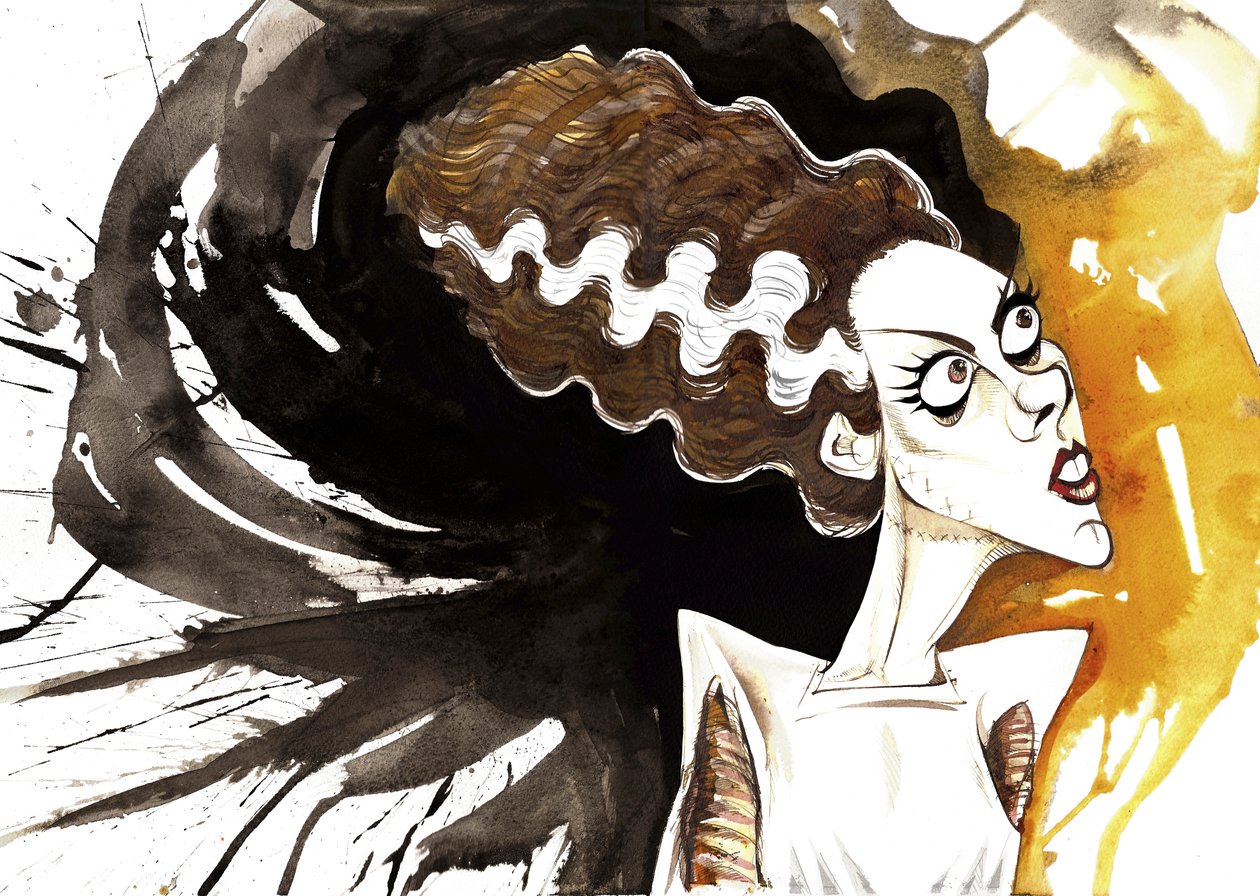 Elsa Lanchester, engelsk skuespillerinde (1902 - 1986); karikeret som bruden fra filmen Bride of Frankenstein fra 1935, instrueret af James Whale (engelsk skuespiller og instruktør, 1889-1957) af Neale Osborne