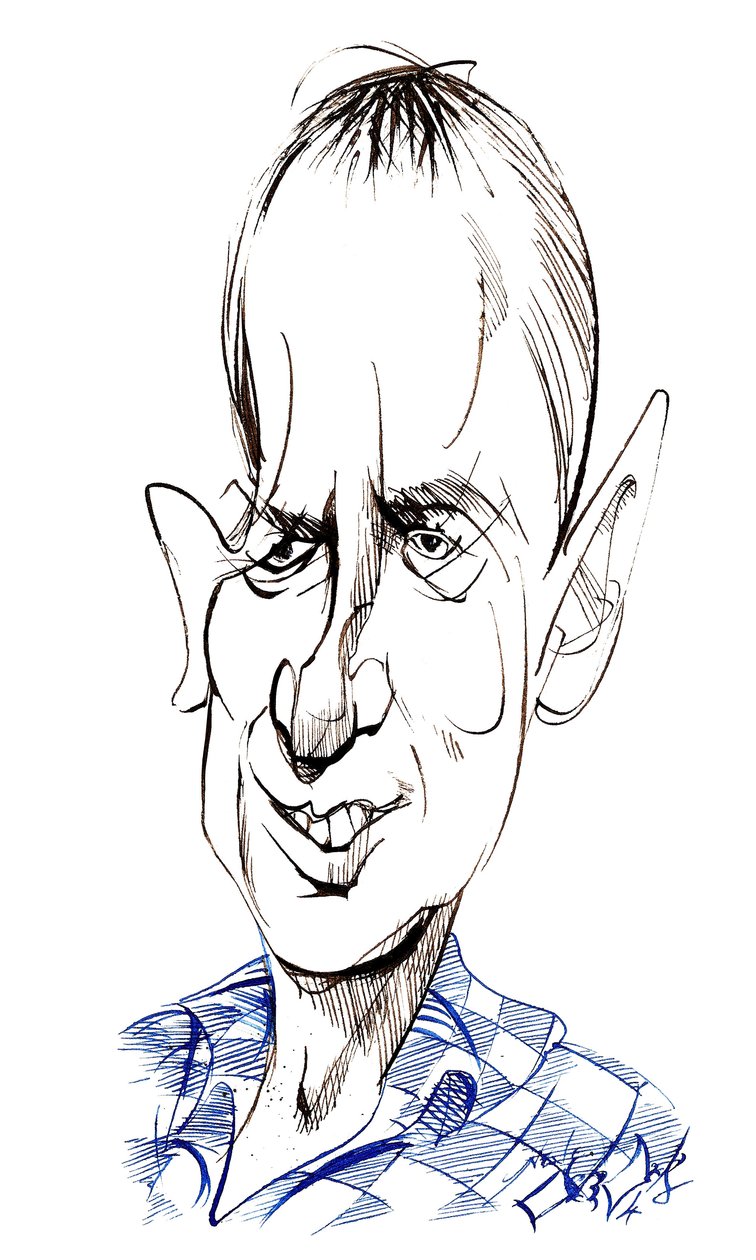 Frank Skinner - karikatur af engelsk komiker, skuespiller, forfatter og programvært, født 1957 af Neale Osborne