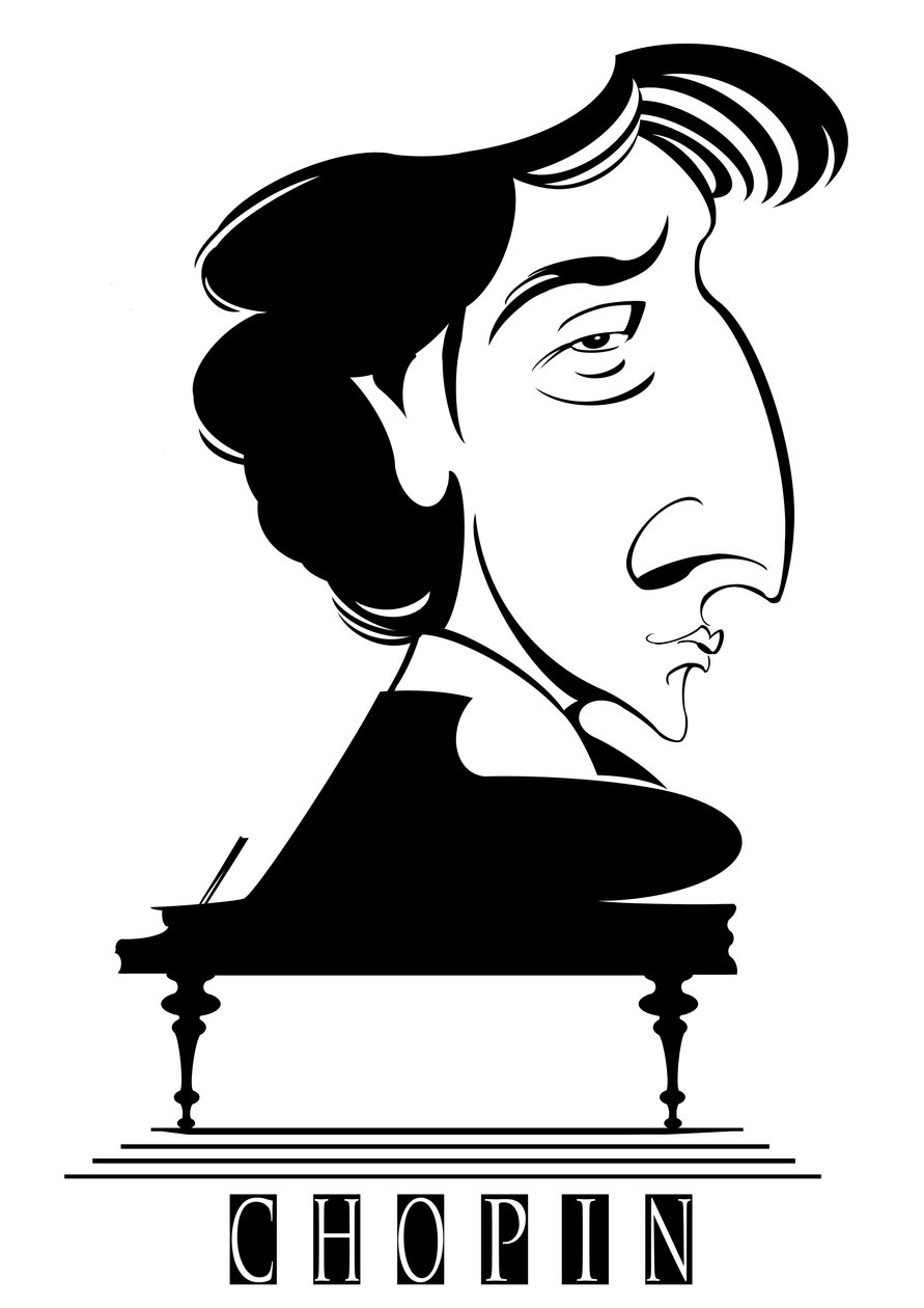 Frederic Chopin, fransk - polskfødt komponist og pianist (1810-49), bw grafisk karikatur med klaver af Neale Osborne