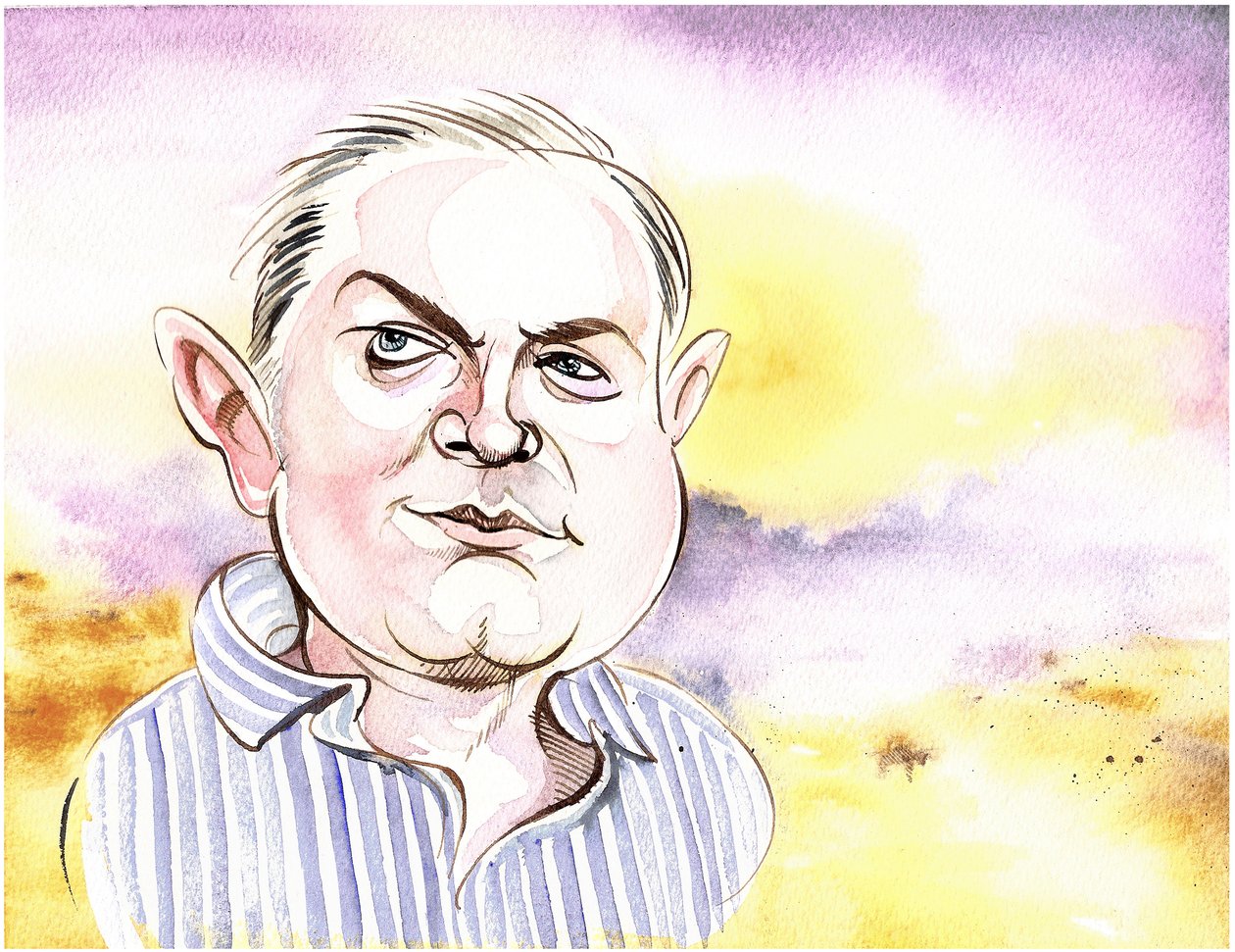 George Benjamin - karikatur med baggrundslandskab, en reference til At First Light, Benjamins orkesterværk fra 1982 af Neale Osborne