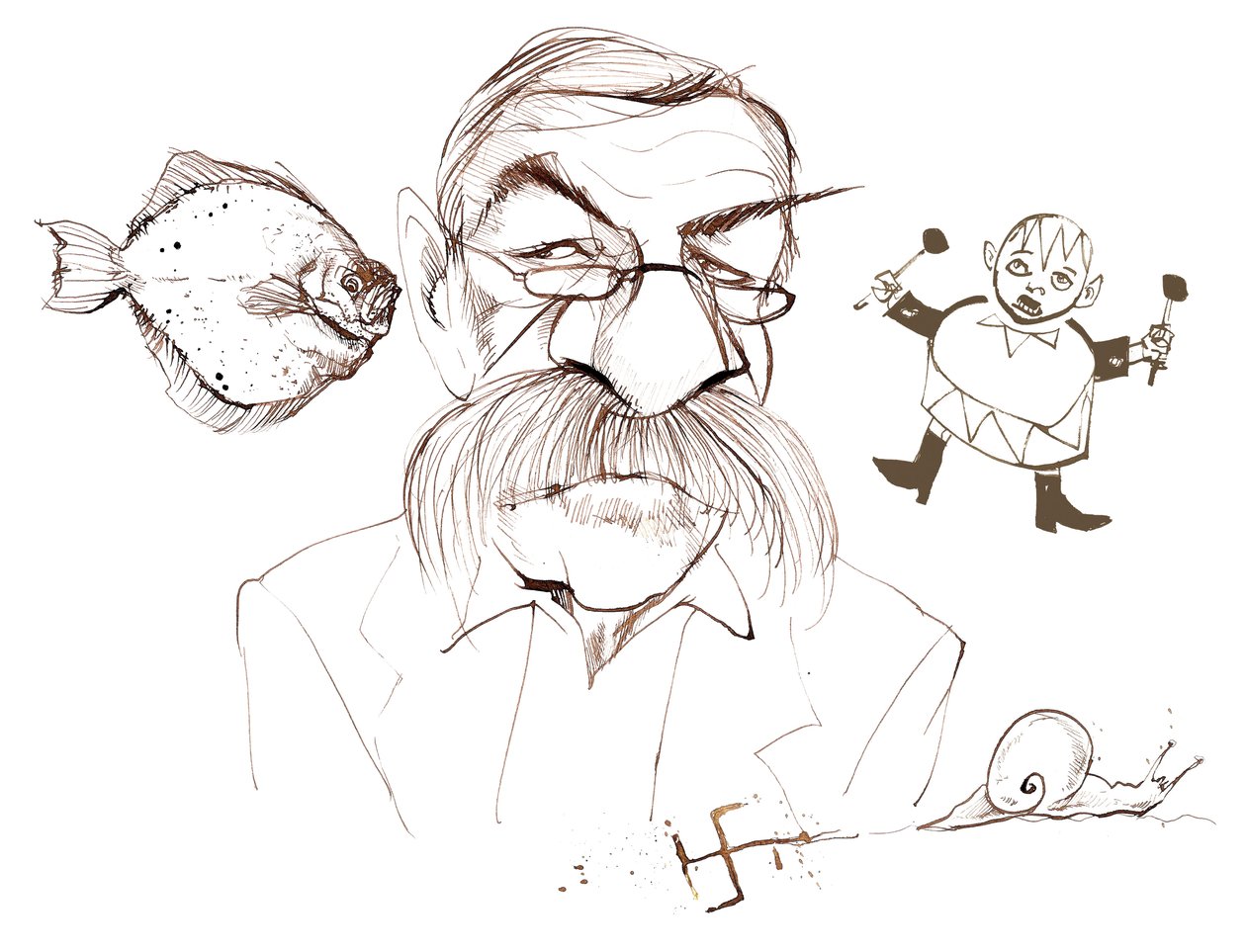Günter Grass, tysk romanforfatter, digter, dramatiker og kunstner; karikeret med referencer til hans bøger: Skrubben - Der Butt (1977-roman); Fra en snegls dagbog - Aus dem Tagebuch einer Schneke ( af Neale Osborne