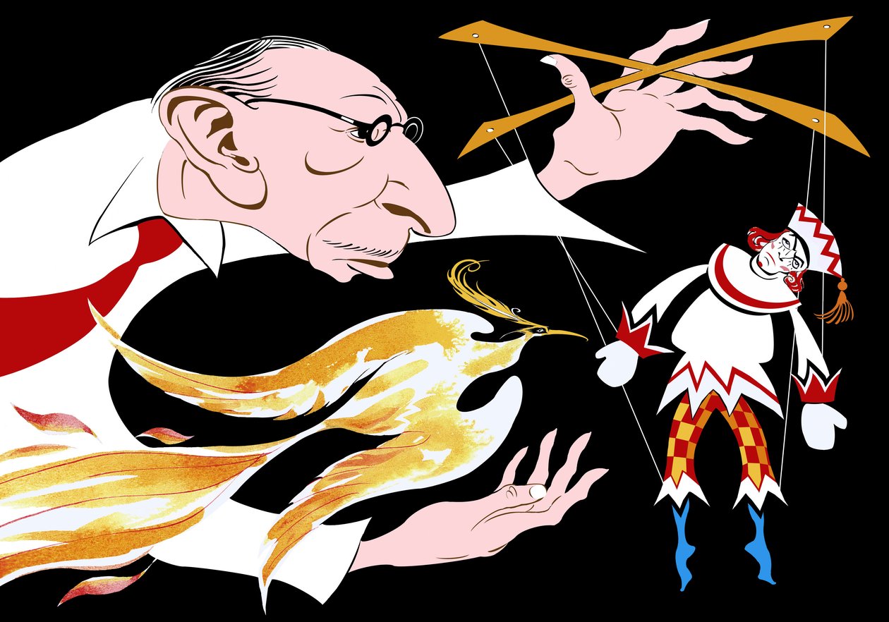 Igor Stravinsky - karikatur af russeren med en ildfugl og Petruskha fra hans ballet Ildfuglen 17. juni 1882 - 6. april 1971 af Neale Osborne