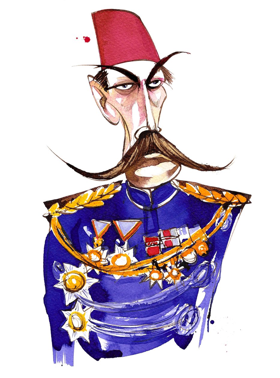 Irskfødt, britisk feltmarskal, First Earl Kitchener, farvekarikatur i uniform og fez af Neale Osborne