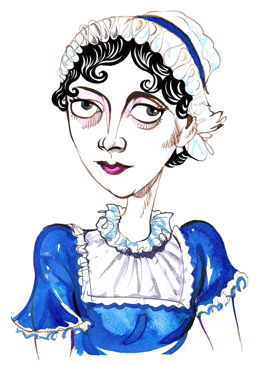 Jane Austen, engelsk romanforfatter, (1775-1817) karikatur af Neale Osborne