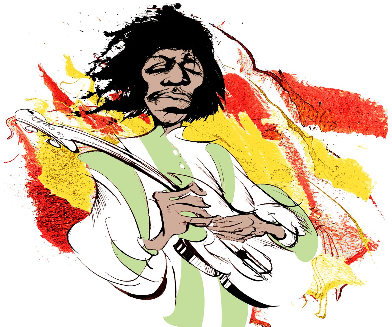 Jimi Hendrix, amerikansk guitarist (1942-70), farvekarikatur af Neale Osborne