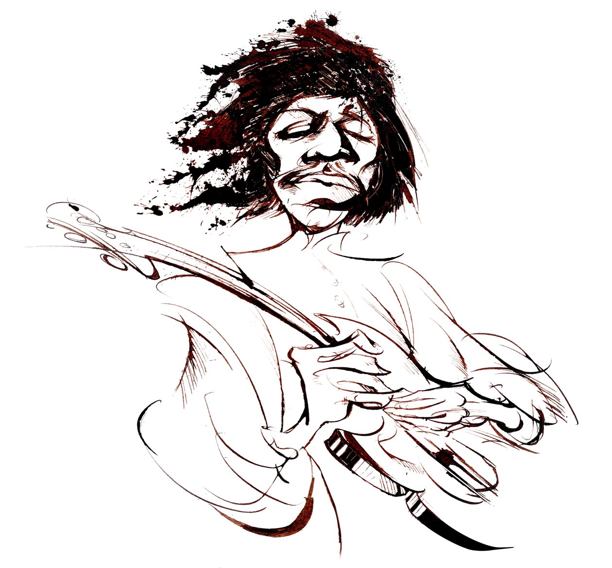 Jimi Hendrix, amerikansk guitarist (1942-70), sepia line karikatur af Neale Osborne
