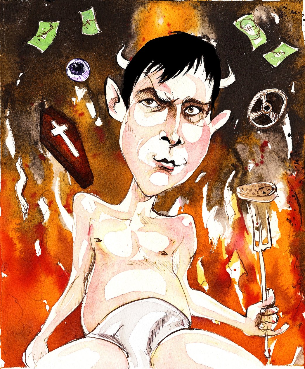 Joe Orton, engelsk forfatter og dramatiker; karikatur med henvisning til hans skuespil Entertaining Mr Sloane (1964) og Loot (1965) af Neale Osborne